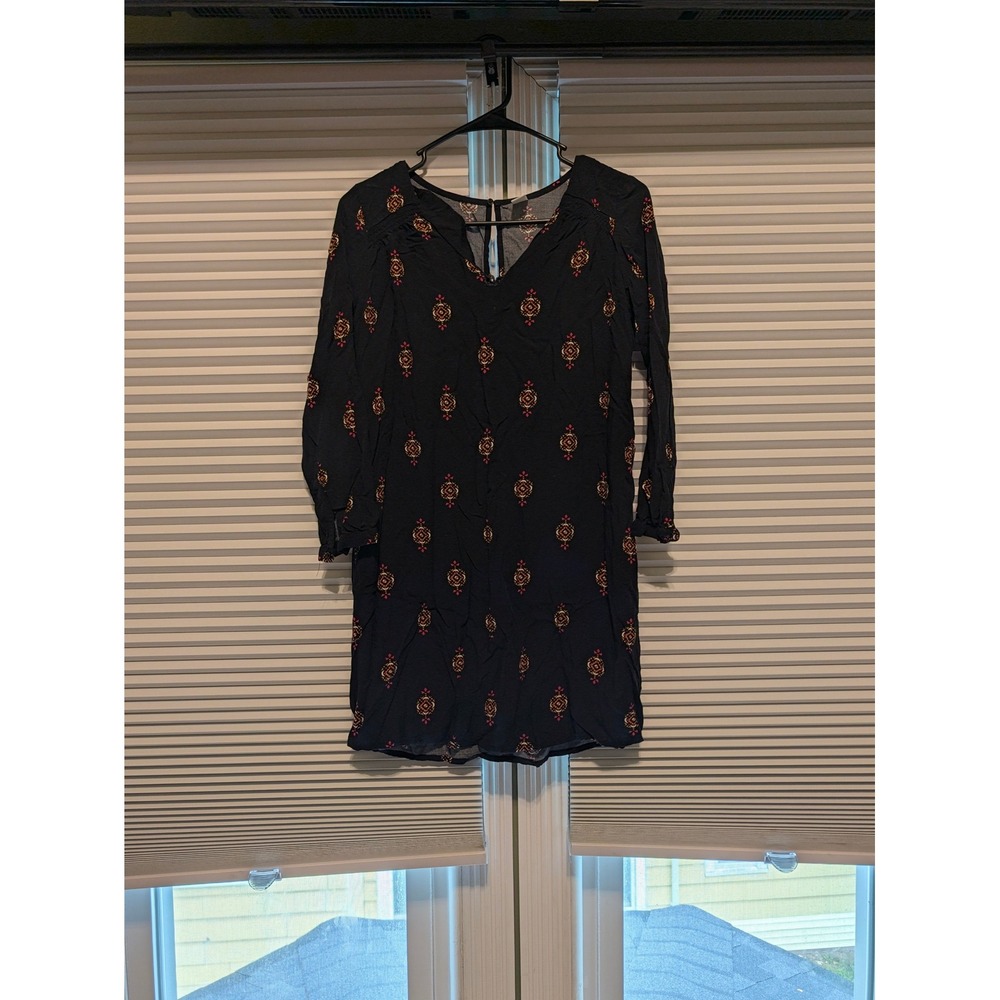 Old Navy Black Geo Print V-Neck Shift Dress Long Sleeve XS 820817-07